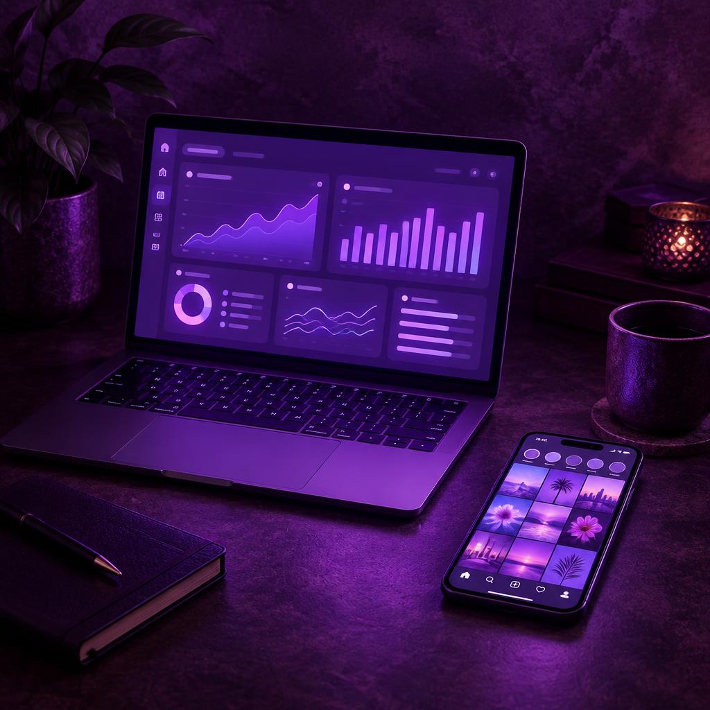 Computadora y teléfono con luz violeta mostrando gráficas y redes sociales en un ambiente oscuro